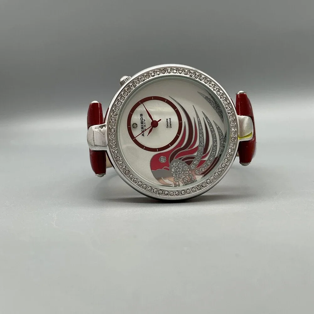 Akribos XXIV Womens Watch 40mm MOP Dial Red Leather Diamond New Battery